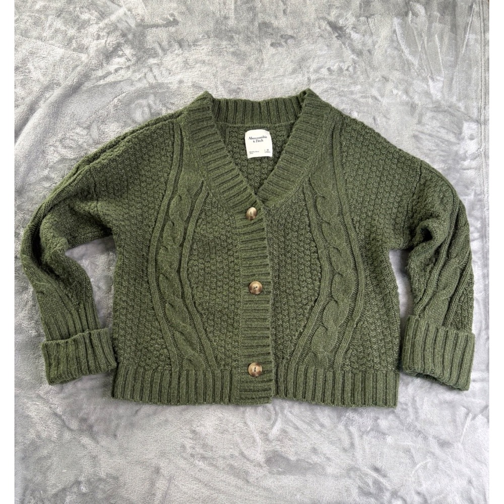 Abercrombie & Fitch Cable Knit Cardigan Sweater Womens M Olive Green V-Neck - Picture 1 of 6
